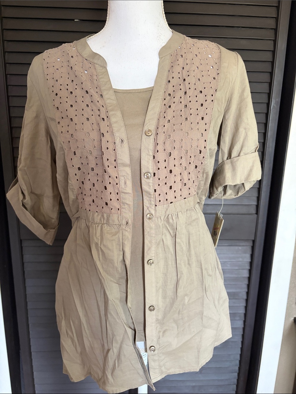Sonoma Taupe Eyelet-Front Button Down Top with Tank